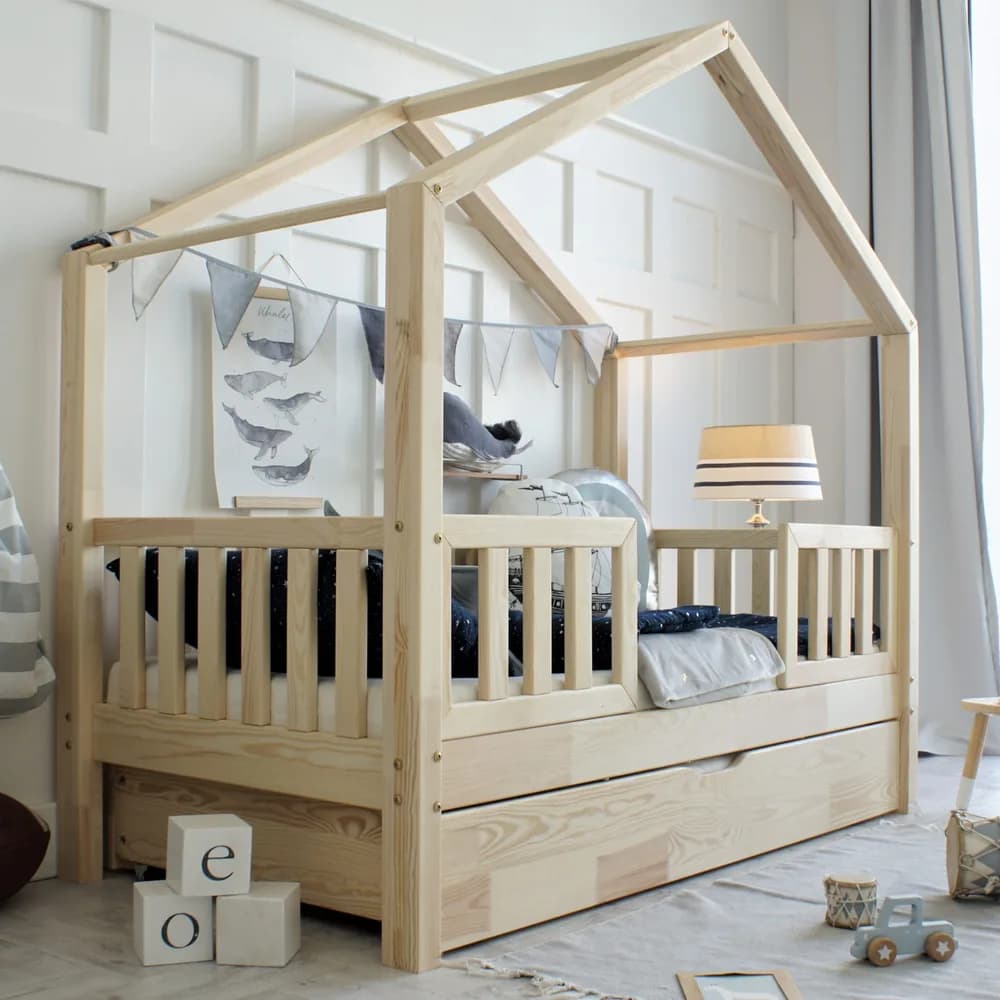 Łóżko domek z barierką Duo Plus 190×90, naturalne (szybka wysyłka)
