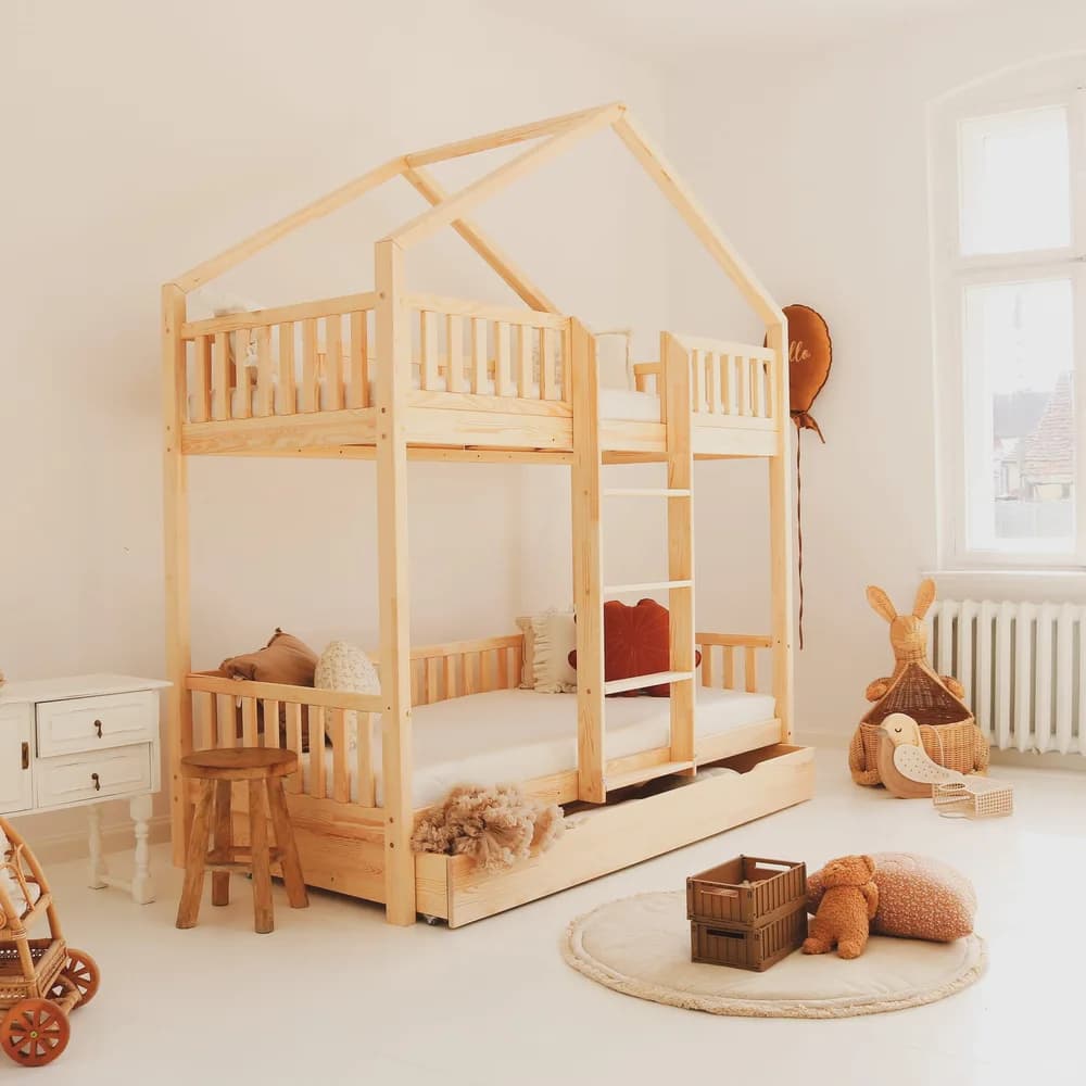 Housebed 190×90 łóżko piętrowe z szufladą, naturalne (szybka wysyłka)