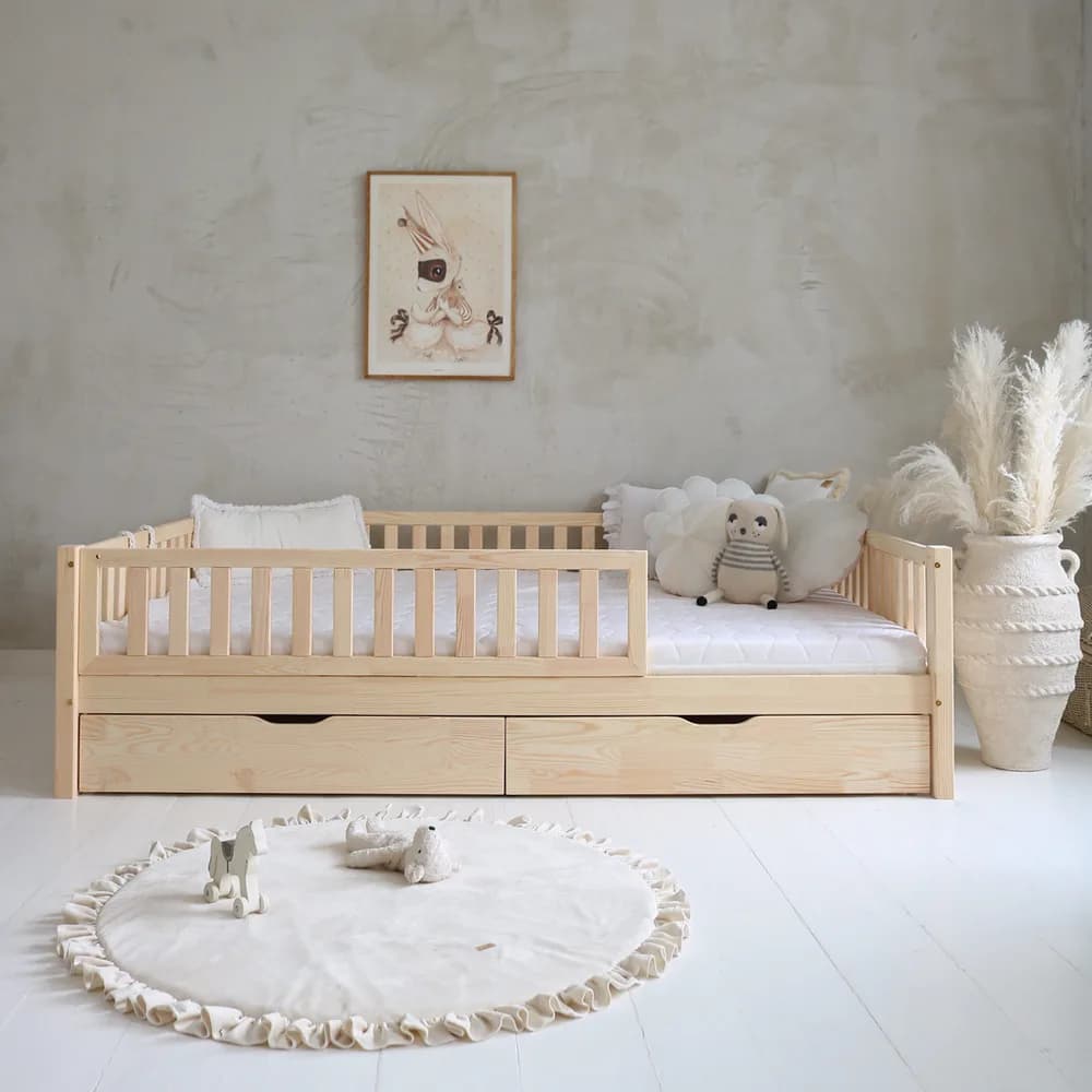 Basic Love Plus z barierką na 2/3 długości 200×140, naturalne - 2 szuflady z funkcją przechowywania (szybka wysyłka)